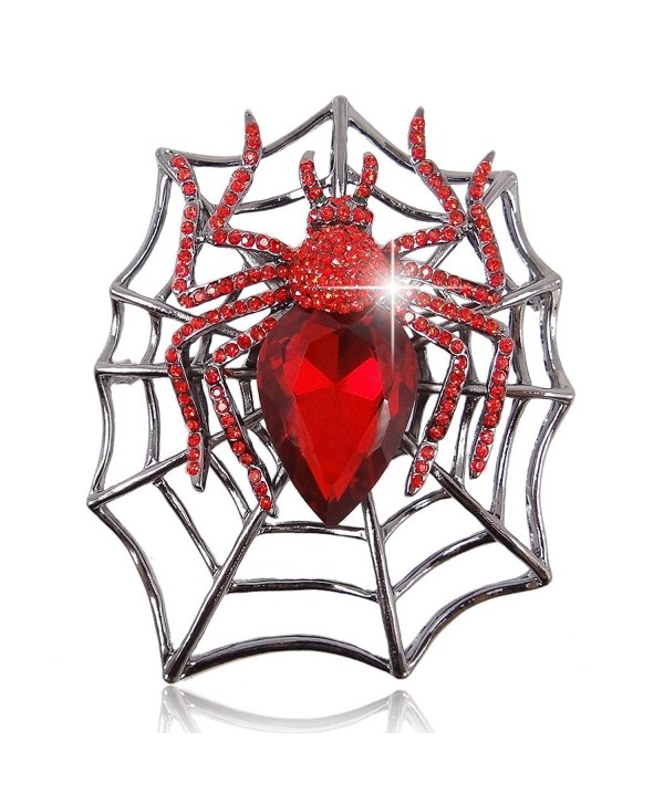 EVER FAITH Rhinestone Crystals Halloween Spider Web Teardrop Brooch Pendant - Red Black-Tone - CX11GSALJC5