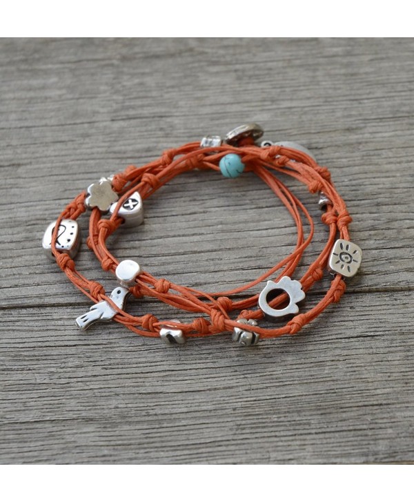 Handmade Orange & Silver Double Wrap Charm Anklet for Good Luck & Protection - Women 10.5" Ankle Bracelet - CH11FKHZ9TH