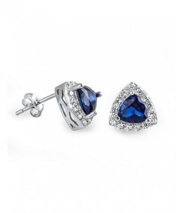 Halo Stud Post Earring Trillion Cut Triangle Simulated Deep Blue Sapphire Round CZ 925 Sterling Silver - CU12N2858BT