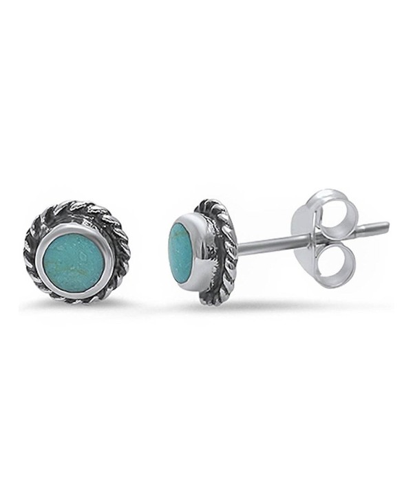 Twisted Rope Design Tiny Stud Post Earrings Round Simulated Blue Turquoise 925 Sterling Silver - CS12N19SNHY