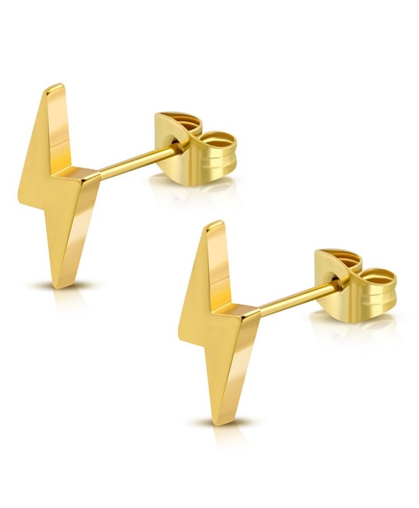 Stainless Steel Lightning Bolt Flash Thunder Button Stud Post Earrings - Gold - CP185Z0X3US