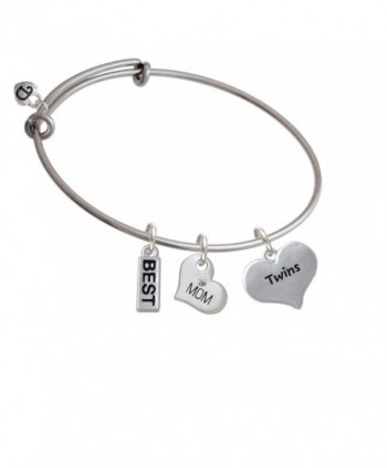 Silvertone Twins Heart with Two Pair of Baby Feet - Family Heart Best Expandable Bangle Bracelet - CD12MCSWABP