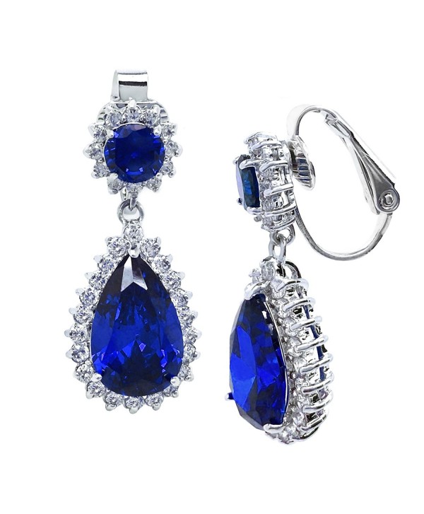 Sparkly Bride CZ Clip On Earrings Dangle Teardrop Wedding Women Fashion 1.25 inches - Blue - C7127W1OKIJ