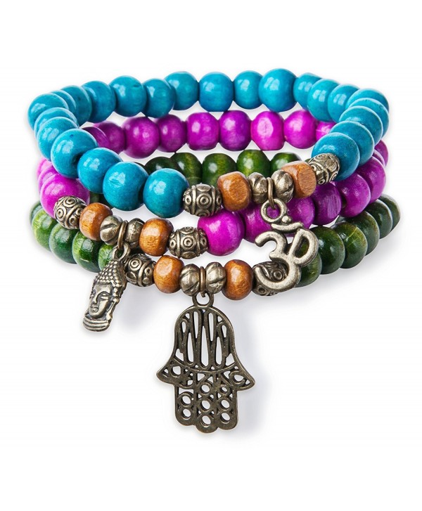 3 Stack Stretch Bracelets- Colorful Wood with Hamsa Buddha Om Charm Yoga - SPUNKYsoul Collection - CE12G5D6L3H