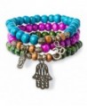 3 Stack Stretch Bracelets- Colorful Wood with Hamsa Buddha Om Charm Yoga - SPUNKYsoul Collection - CE12G5D6L3H