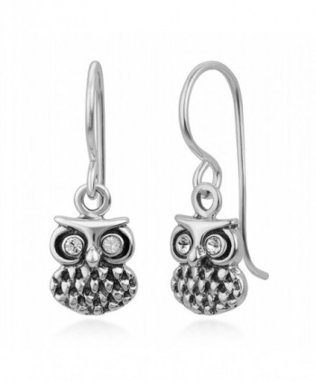 925 Oxidized Sterling Silver White CZ Eyes Detailed Vintage Owl Bird Dangle Hook Earrings 0.75" - CK12DJFE6WH