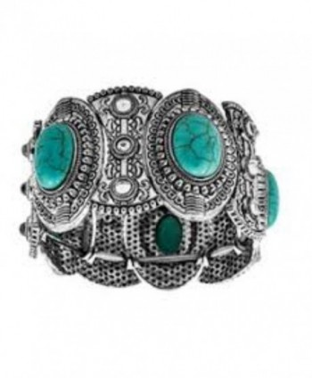 Antique Silver Textural Synthetic Oval Turquoise Cuff Embellished Bracelet - CH187O54LWI