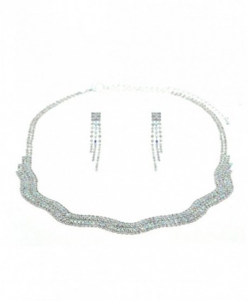 Multi Row Rhinestone Necklace Earrings Silver Tone