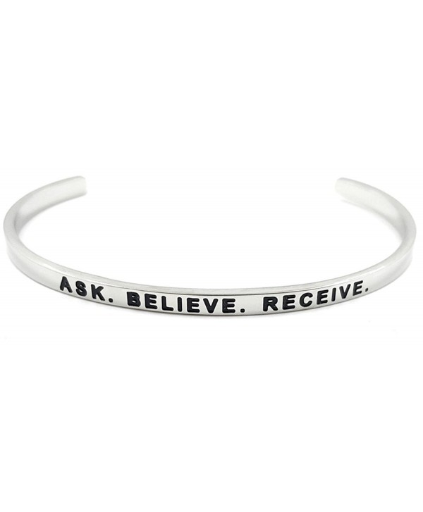 Inspirational "ASK BELIEVE RECEIVE" Silver Tone Engraved Cuff Bracelet for Good Karma and Luck - CF12NUNAPJH