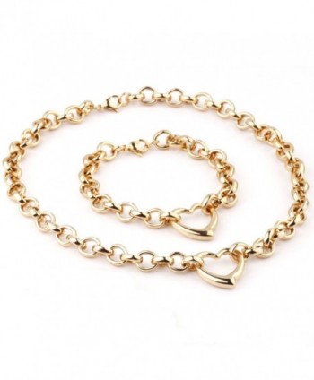 10mm Stainless Steel Womens Girls O Chain Heart Necklace Bracelet Jewelry Set- 9.25"and 17.7" - Gold - CF185QRY9YX