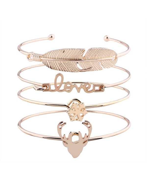 4PCS Love Leaf Deer Snow Flower Open Cuff Bracelets Set Gold Bangle for Women - CB188M9QCD8
