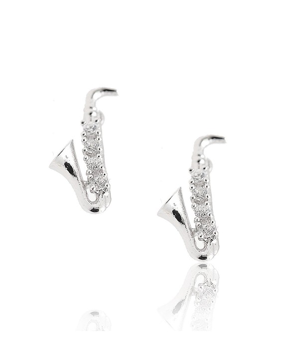 Silver Plated Pave Cubic Zirconia Musical Instrument Earrings (Saxophone) - CG11C6I6NMP