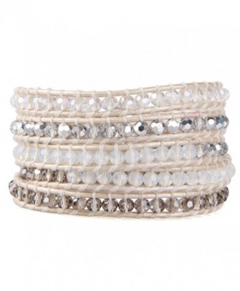 KELITCH Crystal Gray Beaded 5 Wrap Bracelet On Lvory Leather Handmade Jewelry - CB12JW29SKV