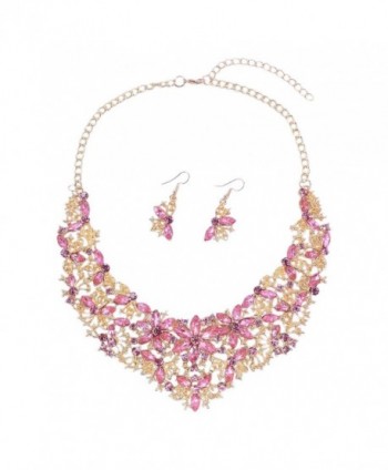 Women Alloy Crystal Necklace and Earring Set Wedding Jewelry Rhinestone Necklace - Pink - CO188ECXATO