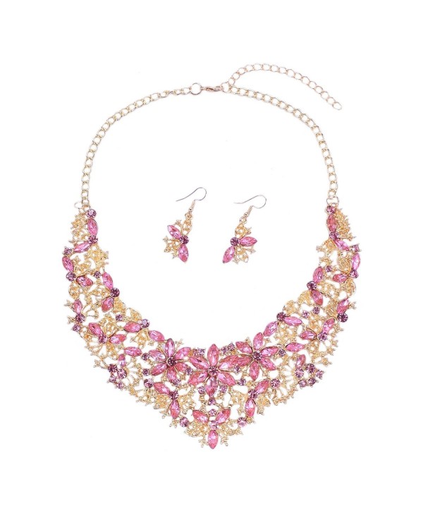 Women Alloy Crystal Necklace and Earring Set Wedding Jewelry Rhinestone Necklace - Pink - CO188ECXATO