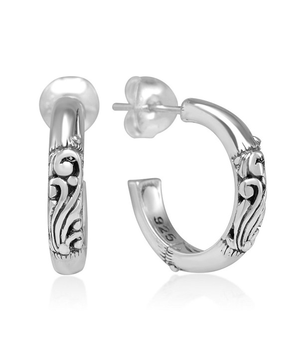 925 Sterling Silver Bali Inspired Filigree Tribal Bamboo Design Half Hoop Earrings 18mm - CA1234YF8MP
