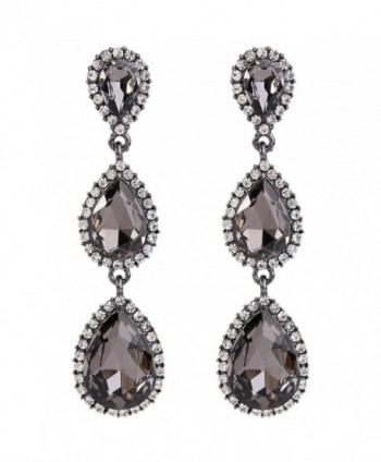EleQueen Women's Black-tone Austrian Crystal Teardrop Pear Shape 2.5 Inch Long Earrings - Grey-Black - CN12J0HKGB3