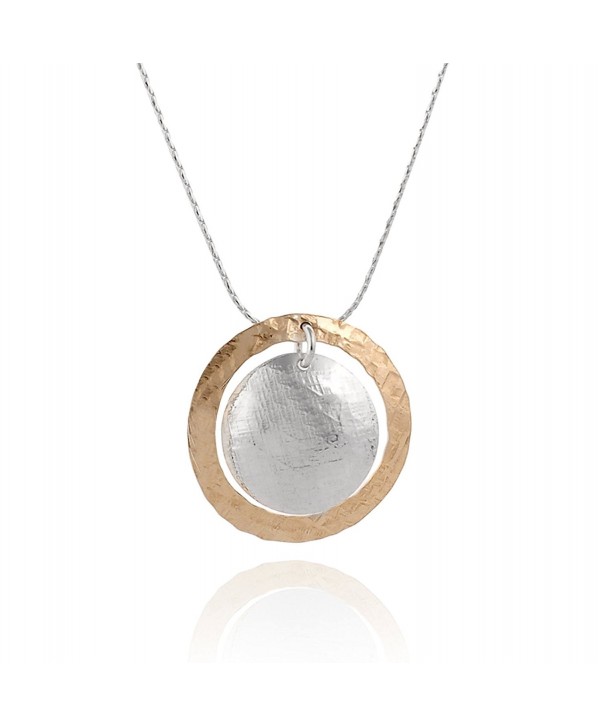 Two Tone Hand Hammered Circle and Disc Necklace 925 Silver & 14k Gold Filled Pendant- 18" + 4" Extender - CK12O36OJ9G