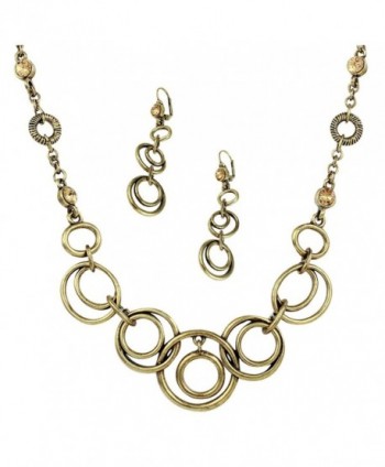 Antique Gold Tone Interlocking Ring Bib Choker Chain Necklace and Earrings Set - CF126BOP659
