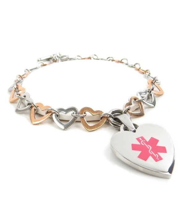 MyIDDr Custom Engraved Medical Bracelet- 316L Stainless Steel Rose Gold Tone Hearts - CM12FNCY23H