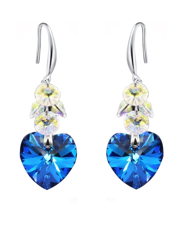 Sea Blue Love Heart Fhish Hook Swarovski Crystals 925 Sterling Silver Dangle Earrings for Women - CQ1825KGE4H
