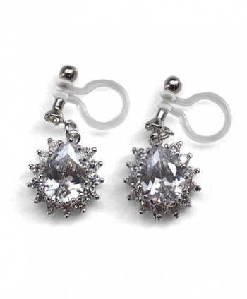 Women Fashion Teardrop Crystal CZ Drop Invisible Clip On Earrings Cubic Zirconia Bridal Wedding Silver - CX1865G4SZX