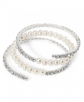 Katie's Style 3 Row Simulated Pearl Crystal Bracelet Wraparound Coil Bridal Stretch Fashion Wrap - CQ12MNHPNTR