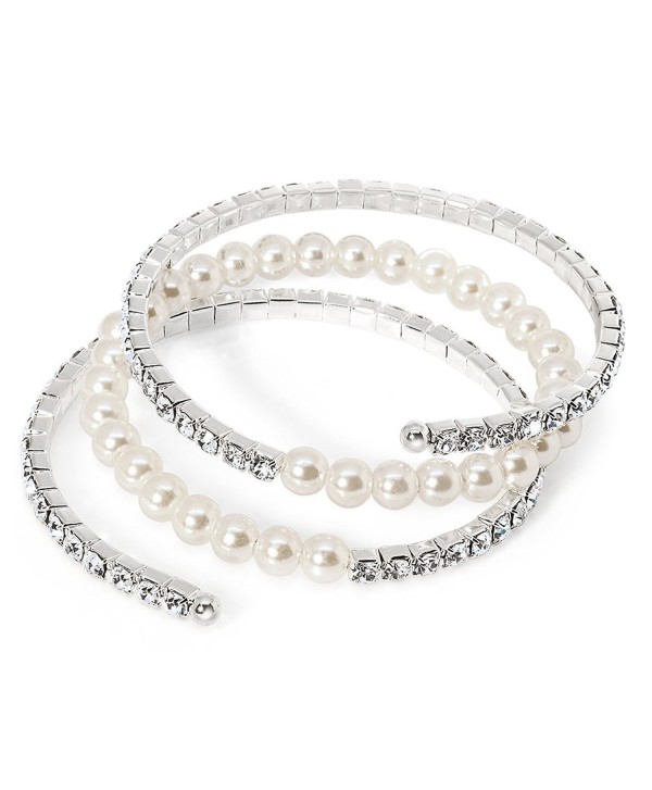 Katie's Style 3 Row Simulated Pearl Crystal Bracelet Wraparound Coil Bridal Stretch Fashion Wrap - CQ12MNHPNTR
