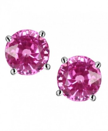 Star K Choice of 10k Gold or Sterling Silver Classic Round 7mm Four Prong Stud Earrings - Created Pink Sapphire - C2114X6RVDN