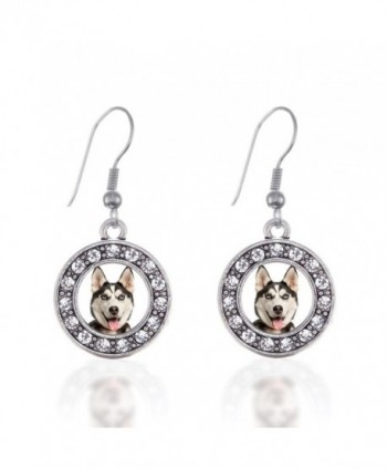 Siberian Husky Circle Charm Earrings French Hook Clear Crystal Rhinestones - C0124BUJKH5