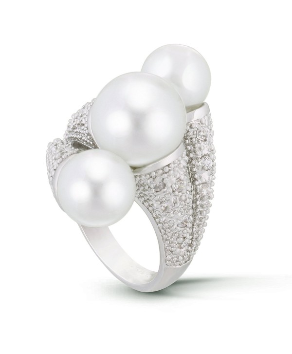 JanKuo Jewelry Rhodium Plated Simulated Pearls and CZ Pave Stones Cocktail Ring - CP11PUV39B3