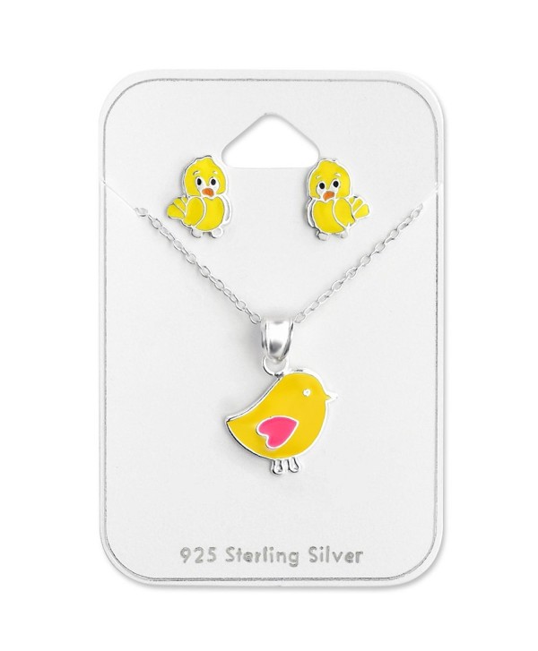925 Sterling Silver Yellow Chick Necklace & Baby Chick Stud Earrings Set 28976 - CU12LJEJ7PV