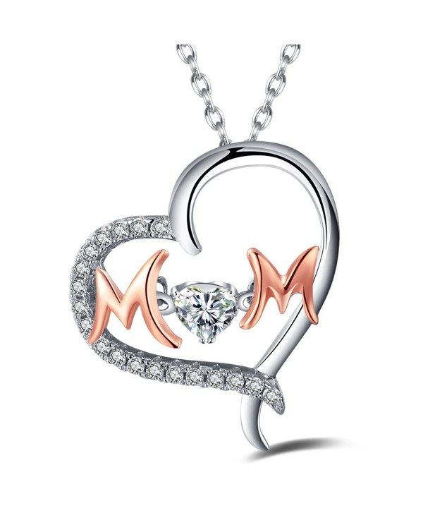 Caperci Sterling Silver and Rose Gold Two Tone "MOM" Heart Pendant Necklace with Cubic Zirconia- 18'' - CC12MAFIJTY