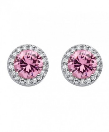 Silver Tone Halo Stud Earrings (11.5x11.5mm) Round Pink Cubic Zirconia - CO182XWS08H