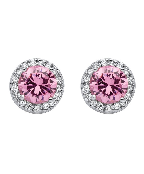 Silver Tone Halo Stud Earrings (11.5x11.5mm) Round Pink Cubic Zirconia - CO182XWS08H
