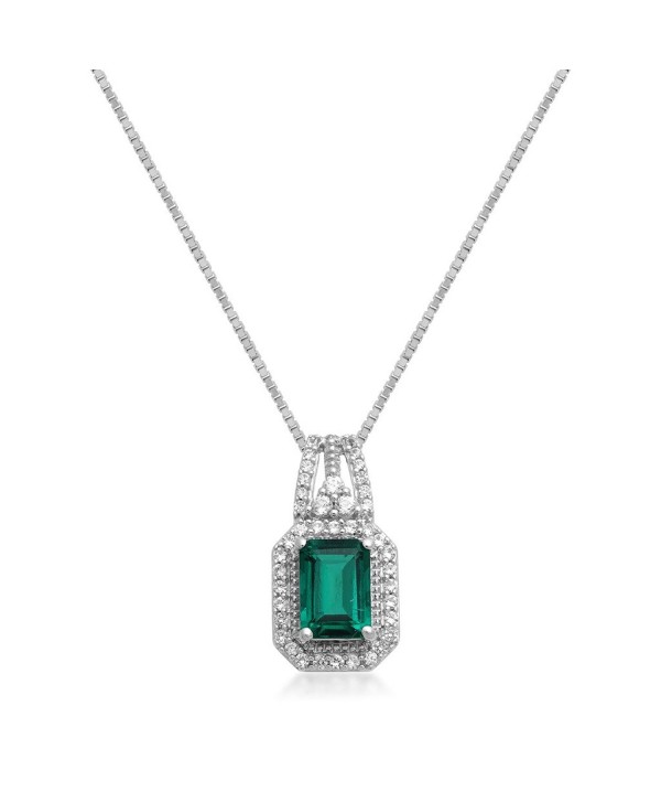 Jewelili Sterling Silver Octagon Created Emerald with Created White Sapphire Halo Pendant Necklace- 18 - CD18550RKDE
