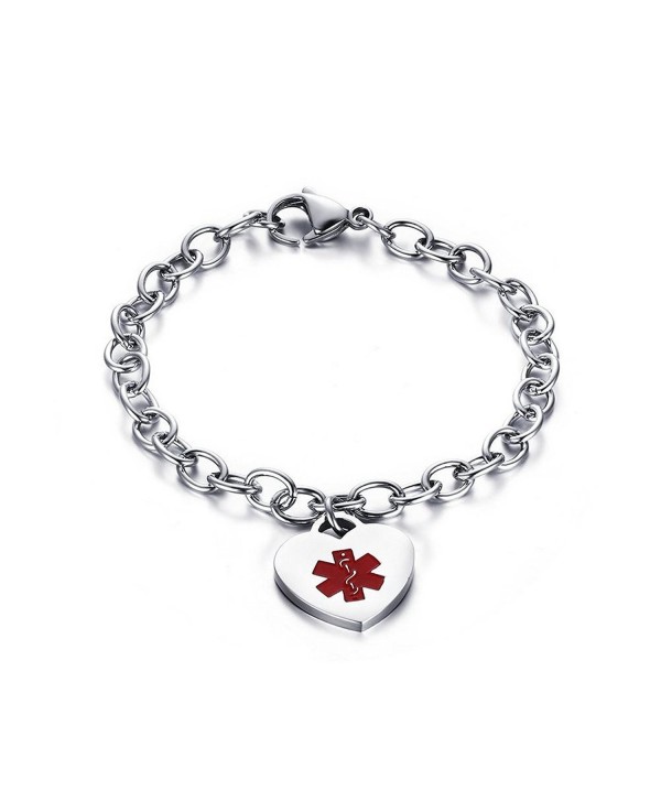 Womens Stianless Steel Medical Alert ID Bracelets with Heart Charms Bracelets-Free Engraving - "style1 7.5""" - CZ12M6U0Y4Z