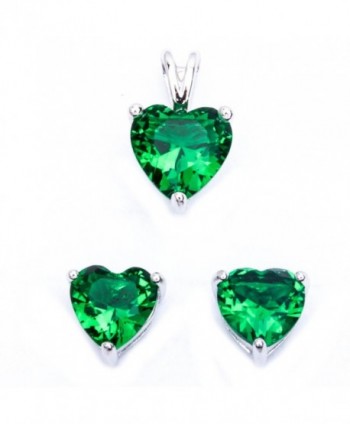 Green Simulated Emerald Heart .925 Sterling Silver Earring & Pendant Jewelry set - C411LK4NBQR