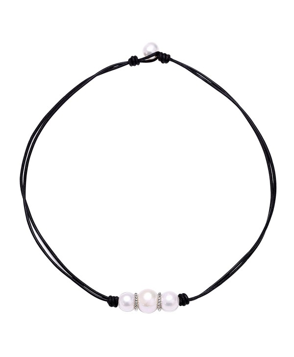 Aobei 3 Cultured Freshwater Pearls Leather Choker Necklace on Genuine Leather Collarbone Jewelry 18 Inch - Black - C5120PO4IFF