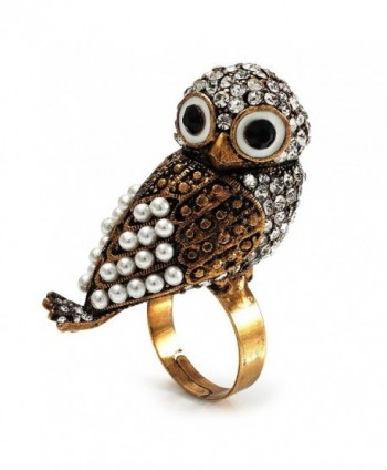 Stunning Vintage Simulated Pearl & Crystal Owl Ring (Antique Gold Tone) - CX1152CVXNV
