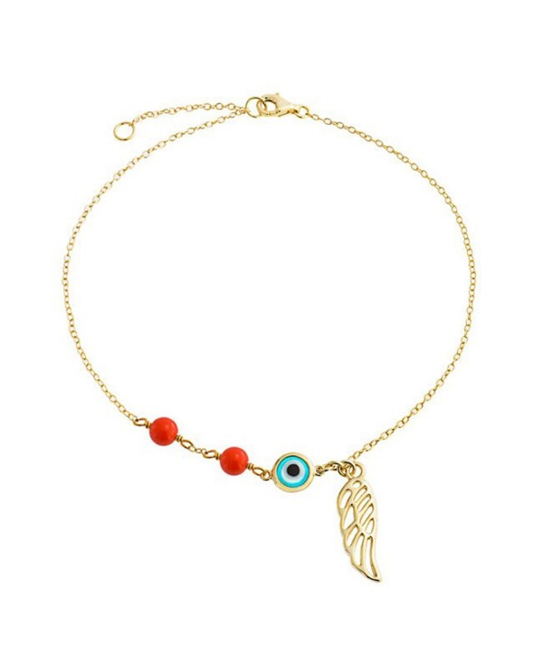 Gold Plated Synthetic Coral Evil Eye Anklet Angel Wing 9in - CB11K3BVYGH