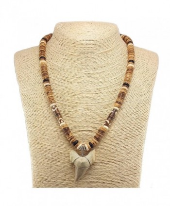 Large Shark Tooth Pendant on Tiger Coconut Wood Beaded Necklace with Brown Bone Tubes (3S Shark Tooth) - CA12MZWDOW5