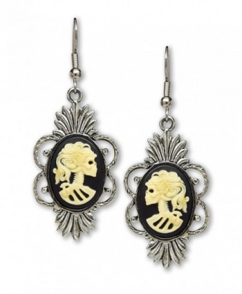 Gothic Lolita Skull Cameo Dangle Earrings Ivory on Black In a Silver Finish Frame - CU11CVTOOLL