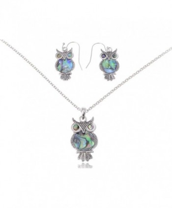Alilang Silvery Tone Abalone Colored Stone Owl Bird Necklace Earrings Set - CN11PKFW893