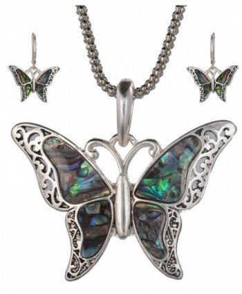 Green Imitation Abalone Butterfly Pendant with Popcorn Chain Necklace with Matching Earrings - C011DKJAUK9