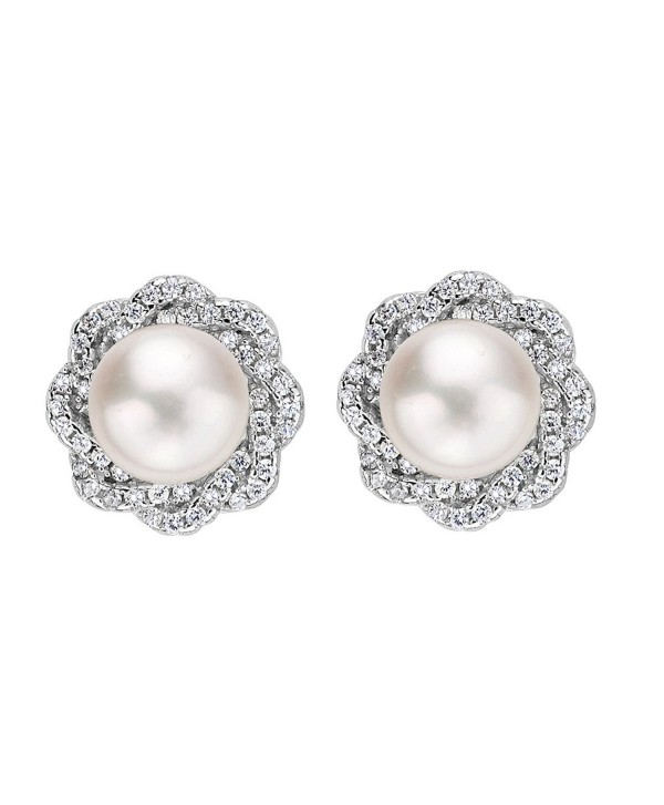 EVER FAITH 925 Sterling Silver 9MM AAA Freshwater Cultured Pearl CZ Elegant Floral Stud Earrings - CA120421ESH