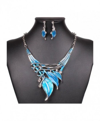 SDLM Womens Silver-Tone Elegant Leaf Art Collar Bib CZ Necklace and Earring Jewelry Set - Blue - CX12MTZM85Z