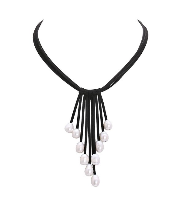 Aobei Long White Freshwater Cultured Pearls Leather Necklace Multi Strand Costume Jewelry on Suede Cord - Black - CC12FIN2YL3