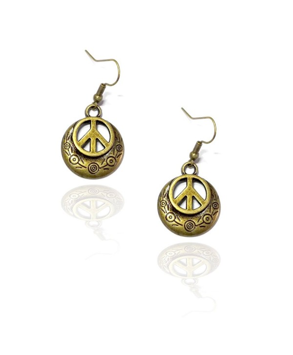 Engraved Antiqued Gold Peace Sign Drop Earrings - CP185T204WS