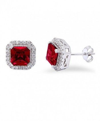 Halo Stud Post Earring Princess Cut Square Simulated Deep Red Garnet Round CZ 925 Sterling Silver - C312N1KWN51